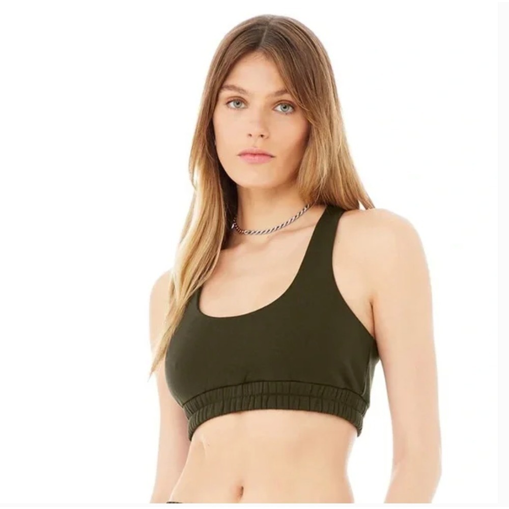ALO Yoga Scoop Neck Sweatshirt Bra Olive Green Racerback Athletic Workout Size M